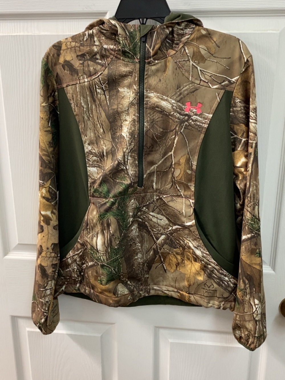 Under Armour Realtree Camo Half-Zip Hoodie with Olive Panels and Pink Logo